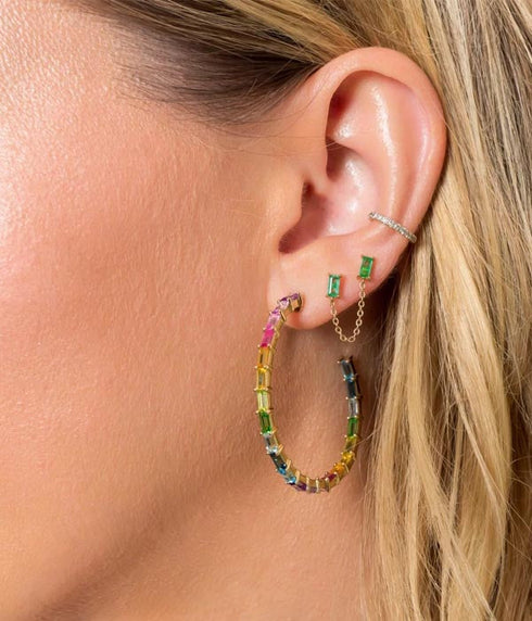 Emerald Baguette Chain Studs - 14K