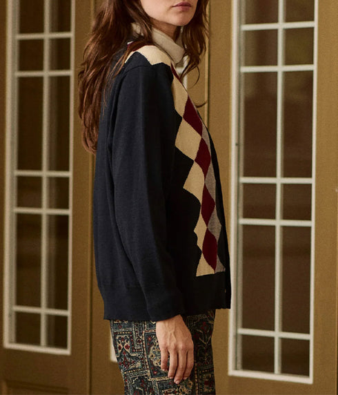 Argyle Menswear Cardigan - Navy