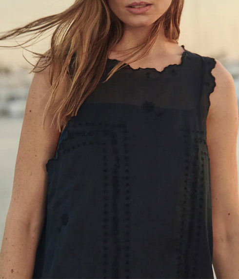 The Scalloped Eyelet Shift Dress - Black