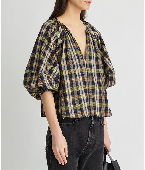 Nele Lantern Sleeve Top - Basket Weave Plaid