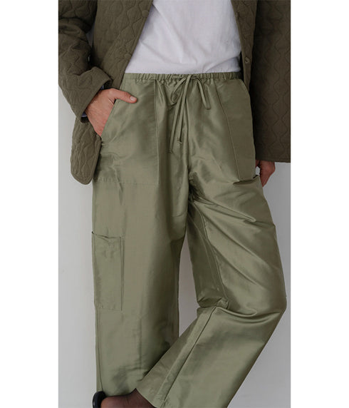 The Taffeta Drawstring Cargo Pants - Oregano
