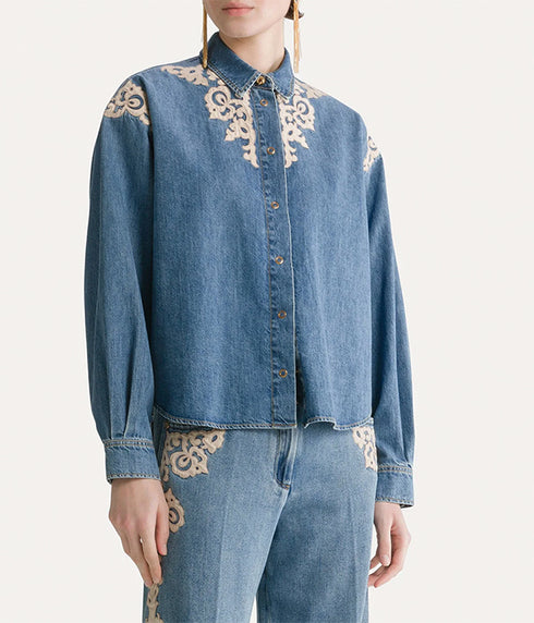 Embroidered Indigo Twill Boxy Shirt - Celeste