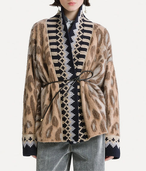“The Brit Leopard” Alpaca-Blend Jacquard Cardigan - Gold