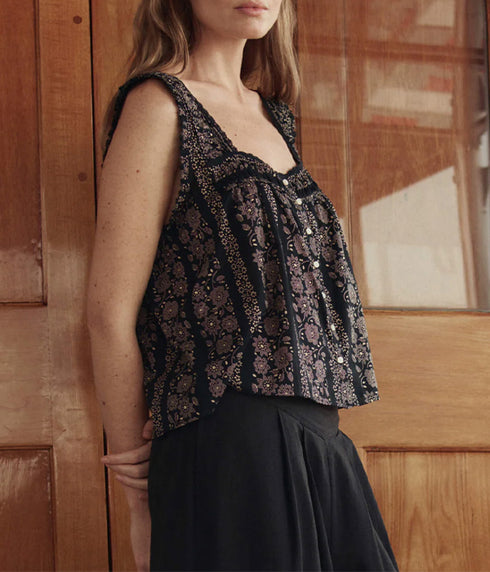 The Victorian Pleat Tank - Black and Cream Token Floral