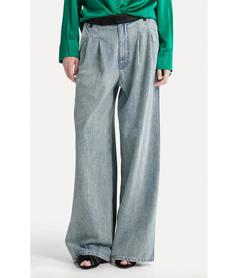 Denim Trousers with Darts and Satin Waist - Grey