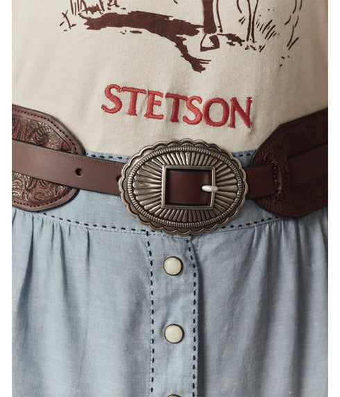 The Tooled Waist Belt - Brown w/ Silver