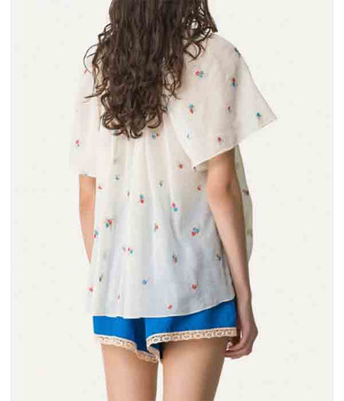 "Petites Fleurs" Embroidery Voile Bohemienne Shirt - Ivory