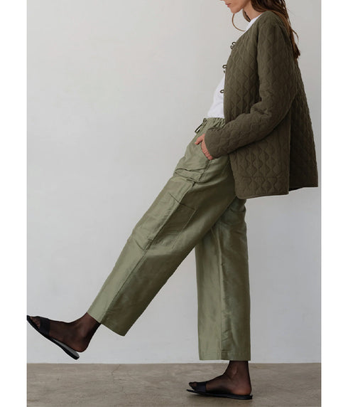 The Taffeta Drawstring Cargo Pants - Oregano