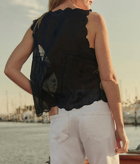The Scalloped Eyelet Tank - Black
