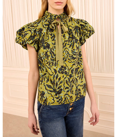 Estela Short Sleeve Cotton Top - Chartreuse