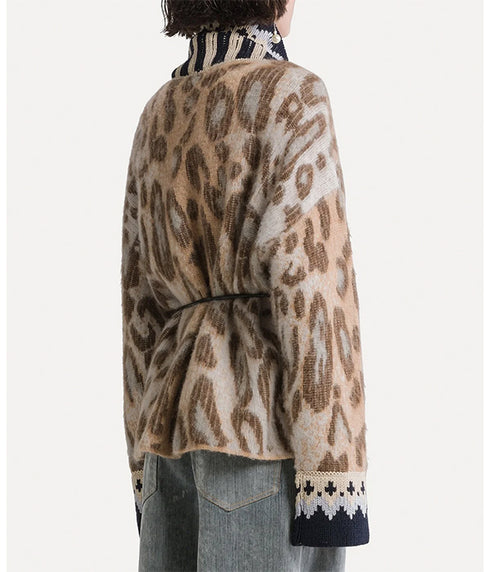 “The Brit Leopard” Alpaca-Blend Jacquard Cardigan - Gold