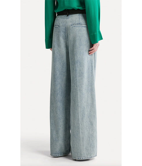 Denim Trousers with Darts and Satin Waist - Grey