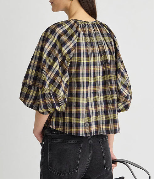 Nele Lantern Sleeve Top - Basket Weave Plaid