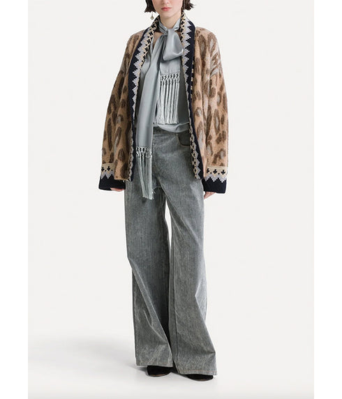 “The Brit Leopard” Alpaca-Blend Jacquard Cardigan - Gold