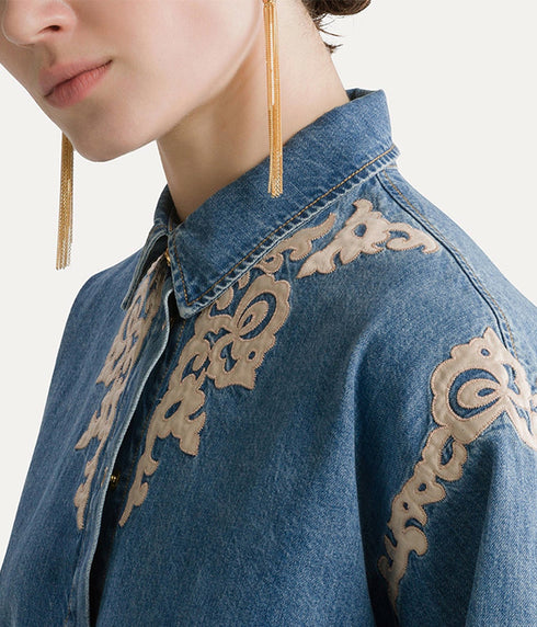 Embroidered Indigo Twill Boxy Shirt - Celeste