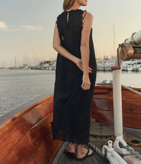 The Scalloped Eyelet Shift Dress - Black