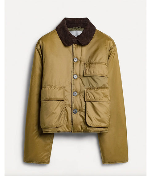 Nylon Cropped British Jacket with Corduroy Details - Gold