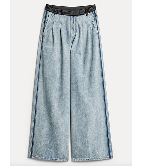 Denim Trousers with Darts and Satin Waist - Grey
