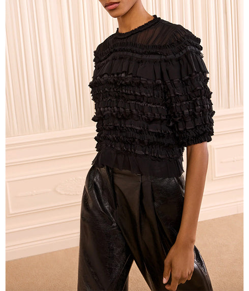 Mabel Short Sleeve Silk Top - Noir