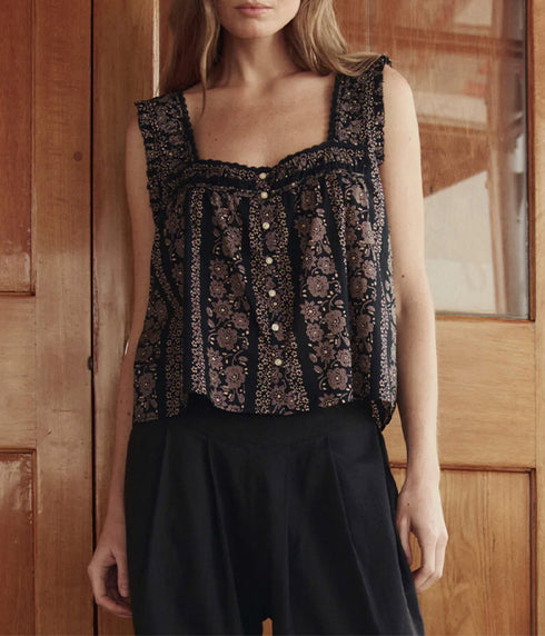 The Victorian Pleat Tank - Black and Cream Token Floral