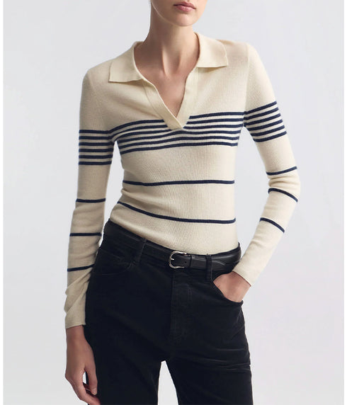 Lucille Multi Stripe Polo - Ivory/Navy Stripe