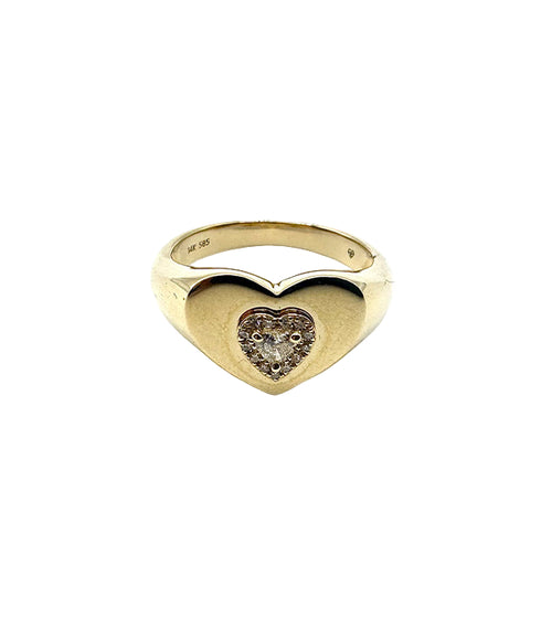 Solid Gold Heart Signet Ring w/ Heart Diamond Center