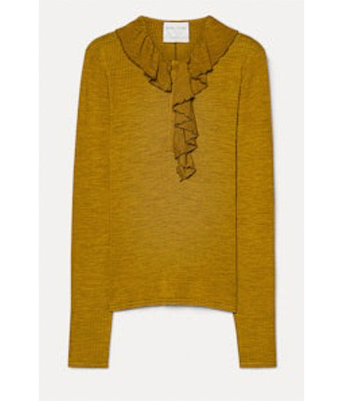 Ruffled Fine Ribbed Knit Henley - Gold