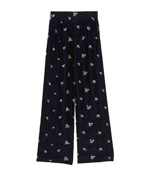 “Petites Fleurs” Embroidered Silk Pants - Midnight