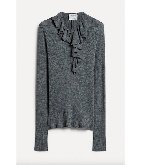Ruffled Fine Ribbed Knit Henley - Grey