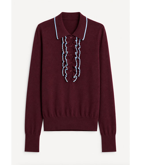 Ruched Merino Wool Polo Sweater - Bordeaux