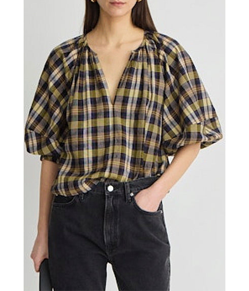 Nele Lantern Sleeve Top - Basket Weave Plaid