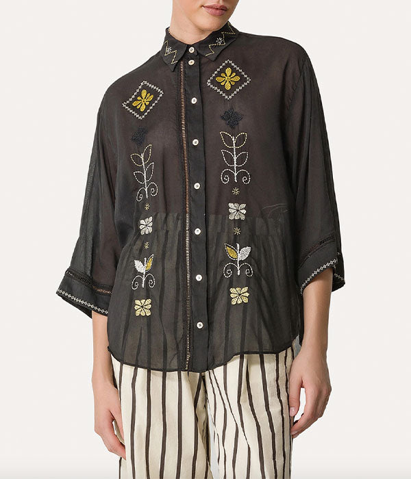 Oniric Blossom Half Sleeve Voile Shirt - Nero