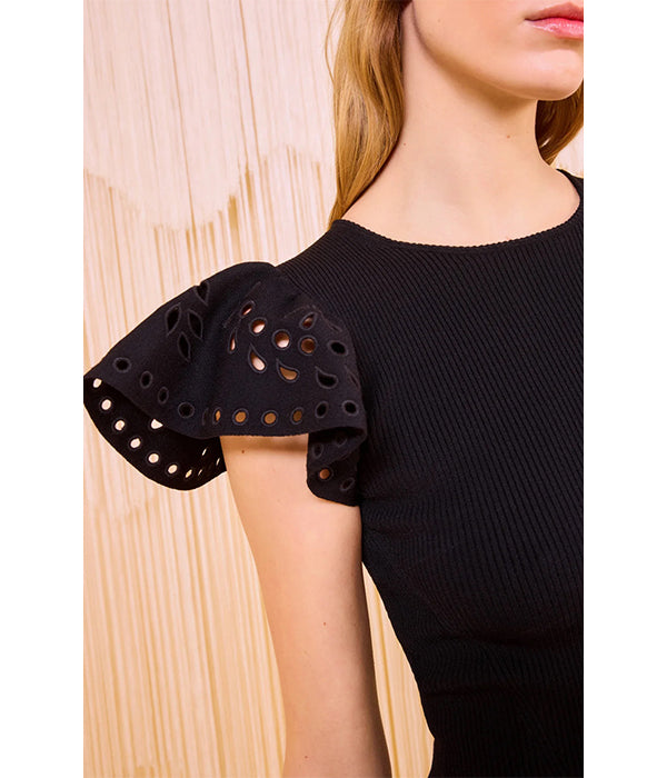 Edith Knit Ruffle Sleeve Top - Noir