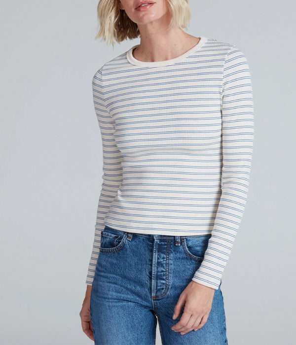 Long Sleeve Ribbed Crew - Double Blue Stripe