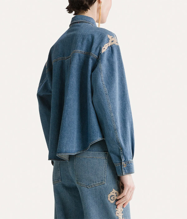 Embroidered Indigo Twill Boxy Shirt - Celeste