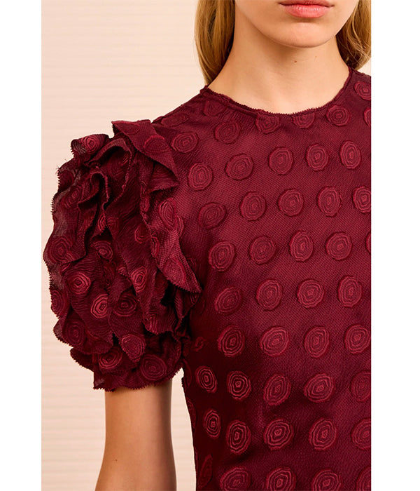 Elvia Ruffle Sleeve Midi Dress - Claret