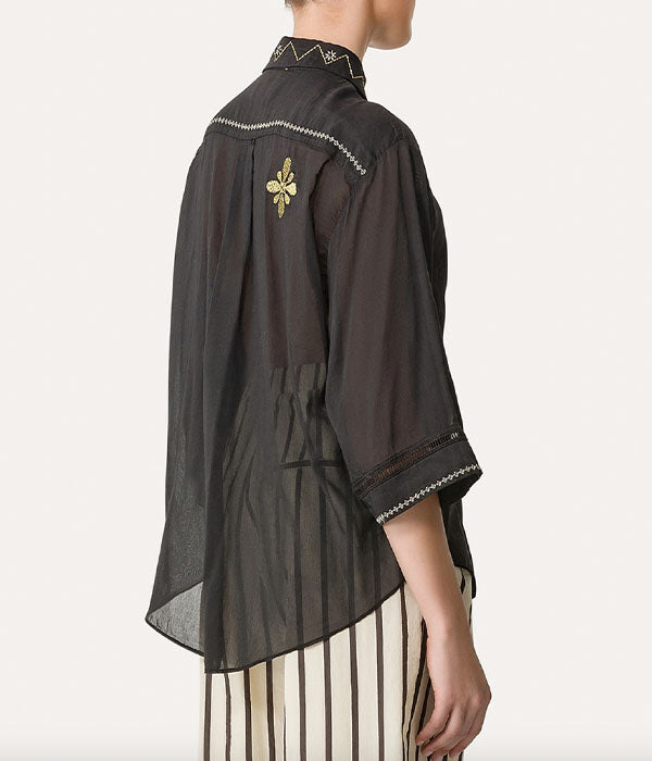 Oniric Blossom Half Sleeve Voile Shirt - Nero