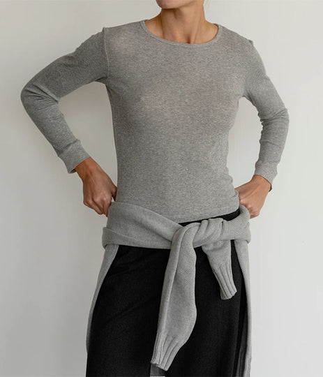 The Pointelle Long Sleeve Tee - Heather Grey