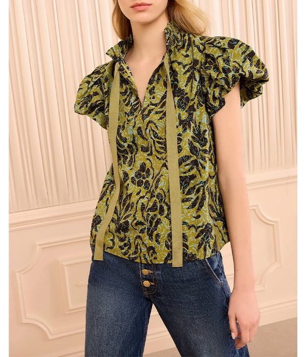 Estela Short Sleeve Cotton Top - Chartreuse