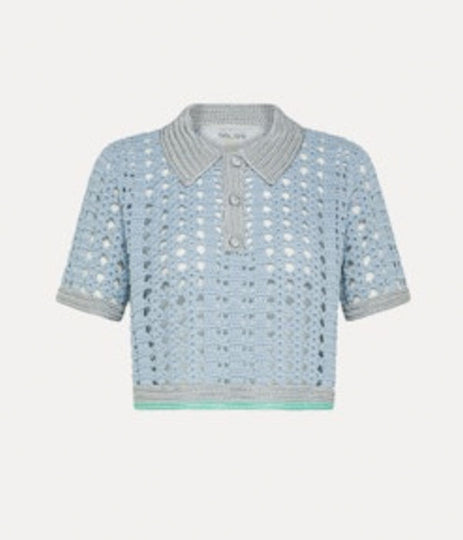 Cropped Polo Shirt In Crochet - Cielo