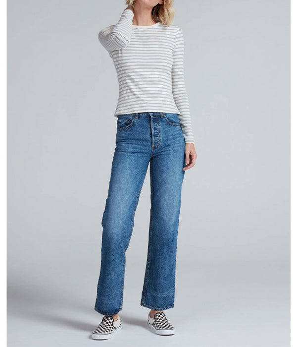 Long Sleeve Ribbed Crew - Double Blue Stripe