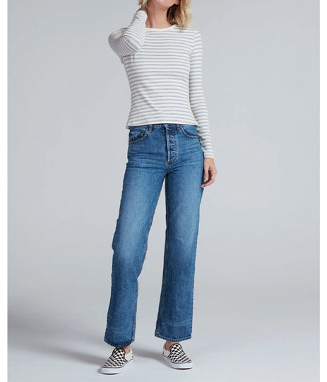 Long Sleeve Ribbed Crew - Double Blue Stripe