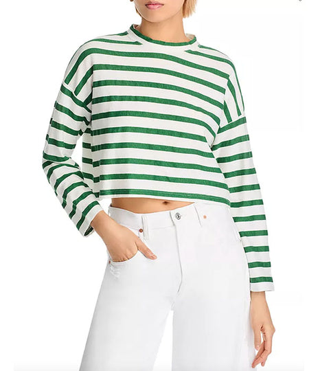 Cropped Long Sleeve Tee - Green Stripe