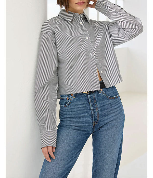 The Cropped Everything Shirt - Micro Stripe Black White