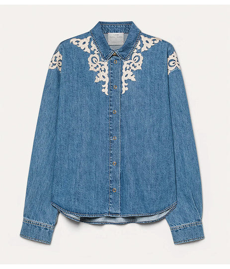 Embroidered Indigo Twill Boxy Shirt - Celeste
